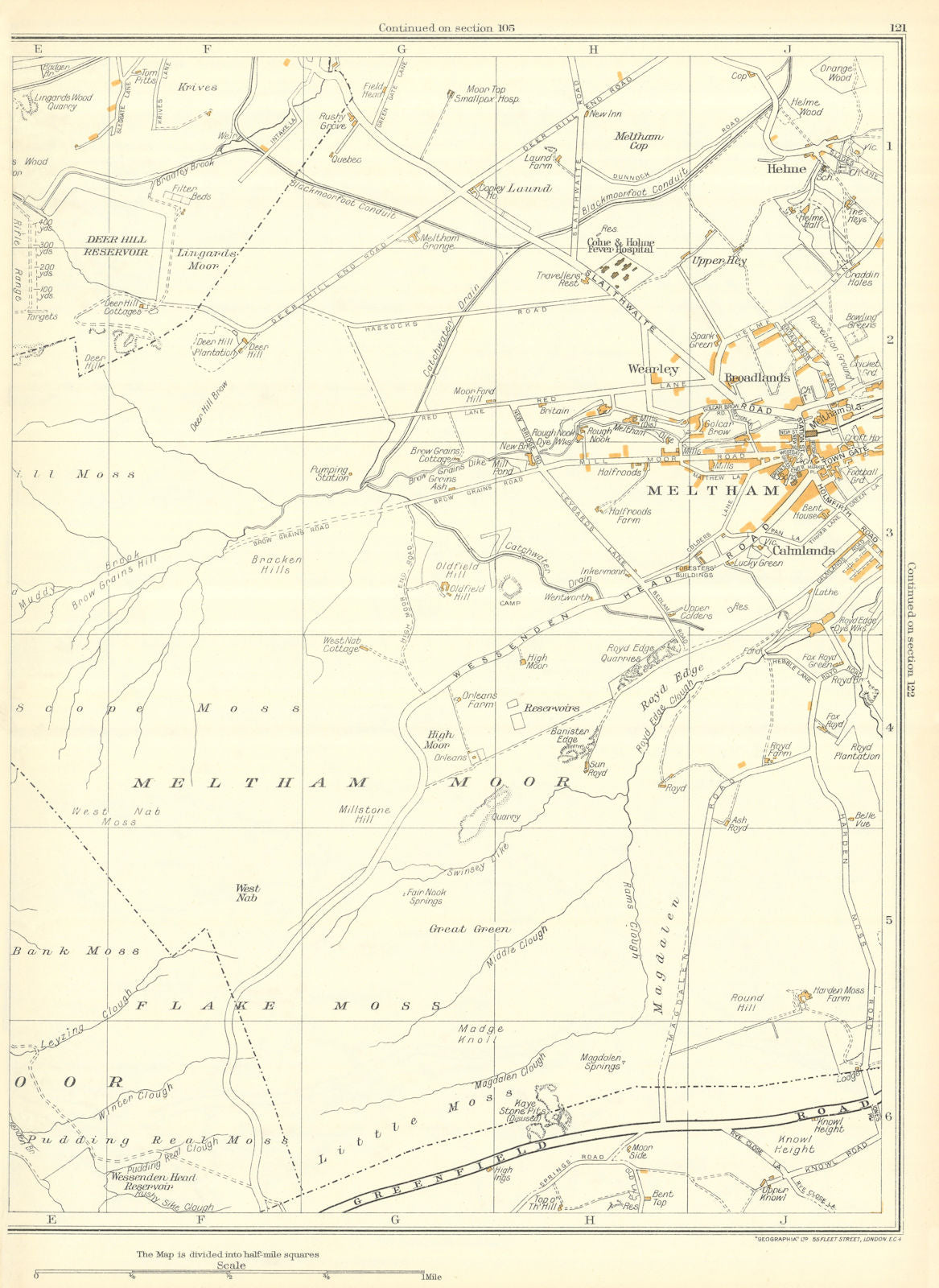 MELTHAM Meltham Moor Flake Moss Helme Calmlands Broadlands Wearley 1935 map